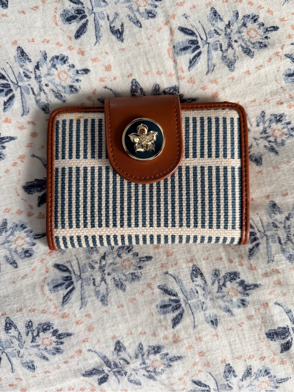Spartina 449 Blue and Tan Striped Canvas Wallet with Gold Emblem